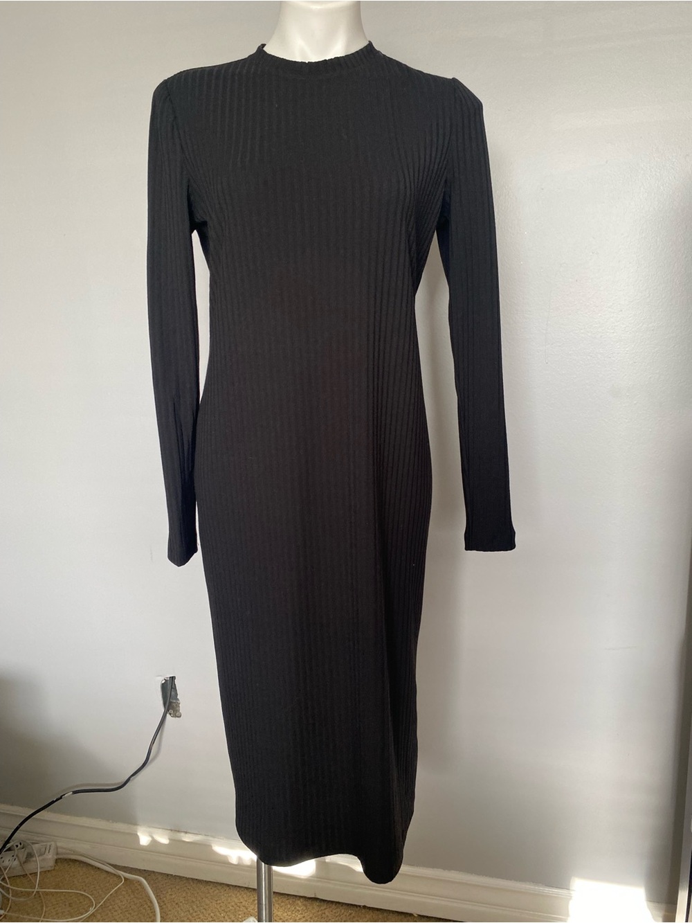 Calvin Klein Black Ribbed Long-Sleeve Midi Dress